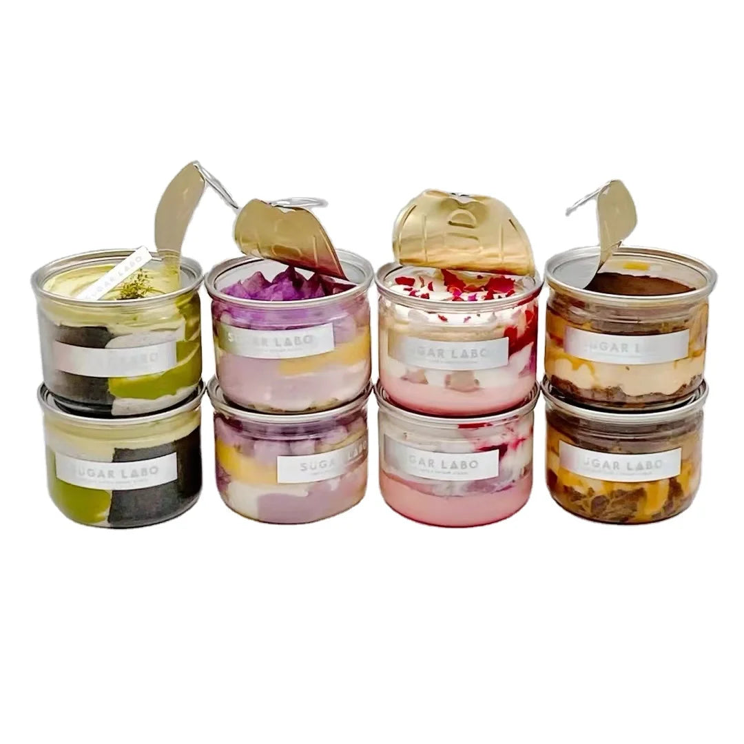 Plastic 350ml 500ml 200ml Cake Can Food Grade PET clear Cake Box Cake in a Can