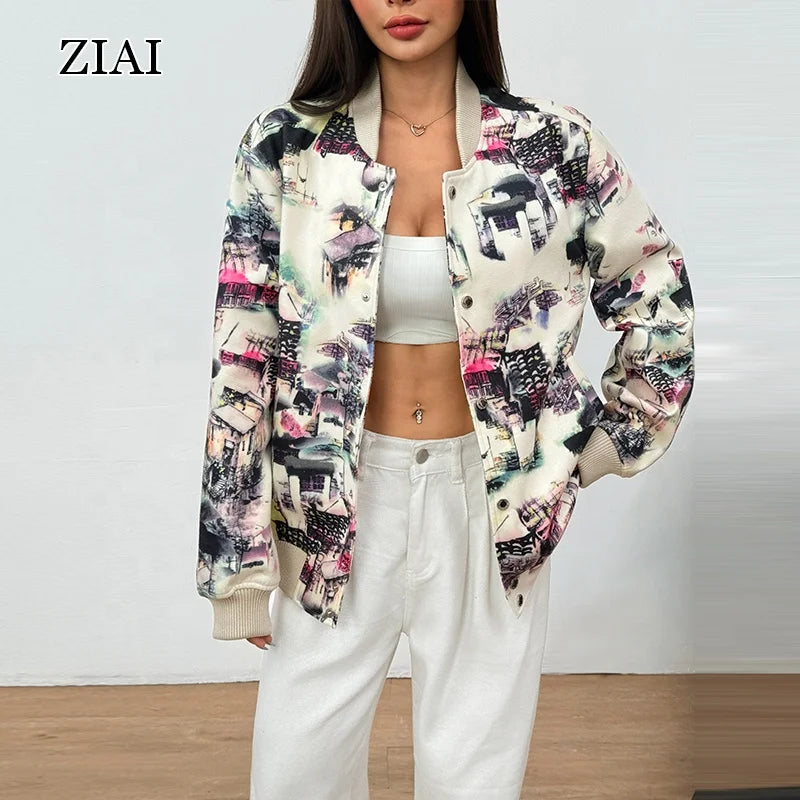 New Women's Printed Jacket Winter Autumn Windproof Outdoor Street Fashion Short Jacket