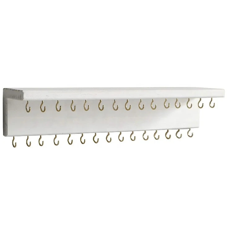 Wall Mounted Pine Wood Holder Jewelry Organizer with 30 Hooks and Cosmetics Shelf