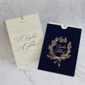 Navy Blue Velvet Pocket Envelope Custom Design Wedding Invitation Card with Gold Tassel Decoration