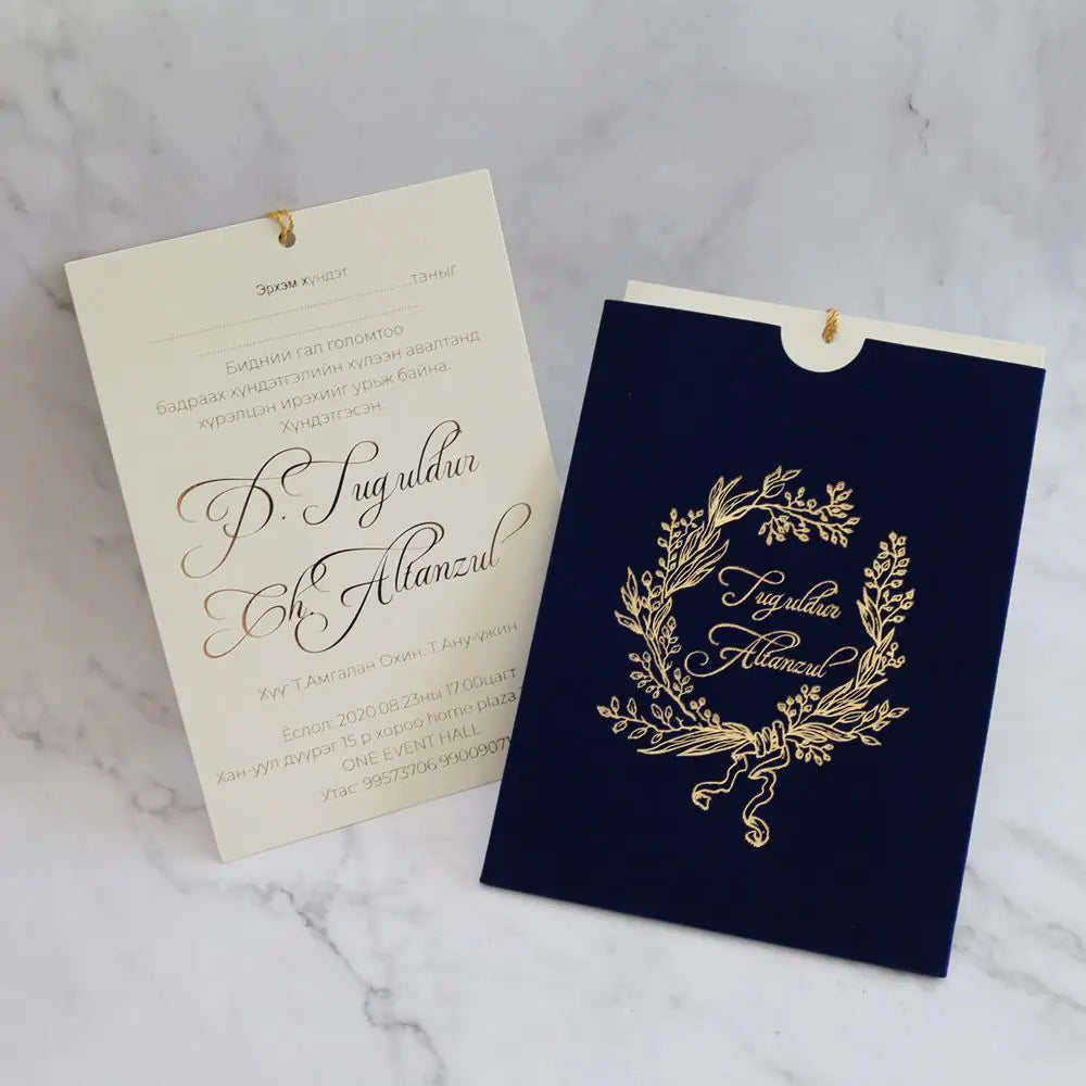 Navy Blue Velvet Pocket Envelope Custom Design Wedding Invitation Card with Gold Tassel Decoration MegaBDM