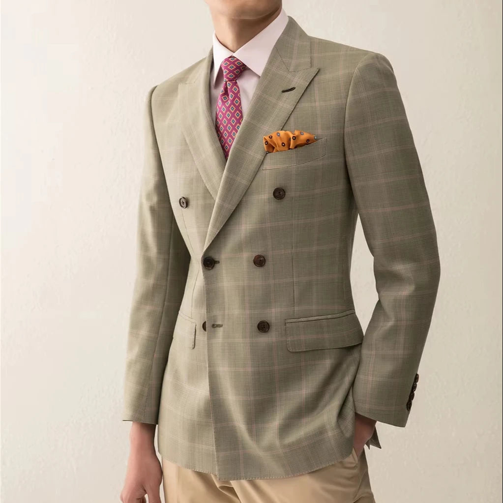 HARCHOY Classic Prince's Plaid Pure Wool Double-Breasted Tuxedo Suit for Adults Men's Pants Button Closure British Breathable
