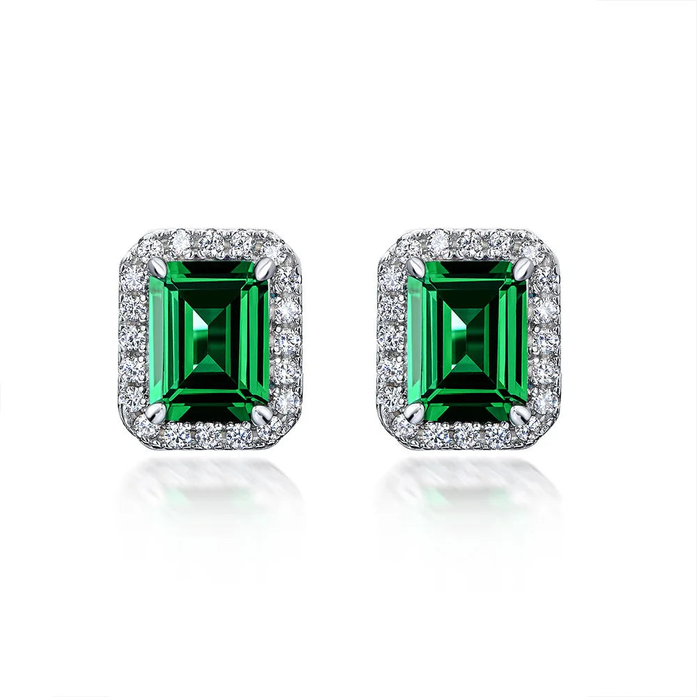 Vintage 925 Sterling Silver Created 8*6mm Emerald Cut Synthetic Green Emerald  Stud Earring