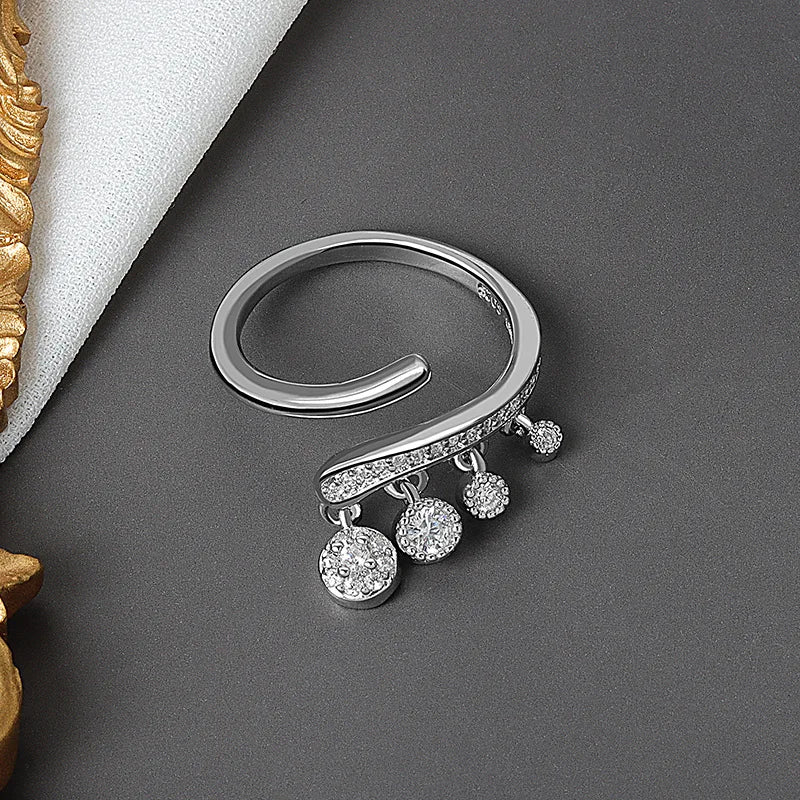 Imitation Moissanite Hearts and Arrows Ring with Diamond Tassel Fashion Open Adjustable Ring for Women Zircon Wedding Ring