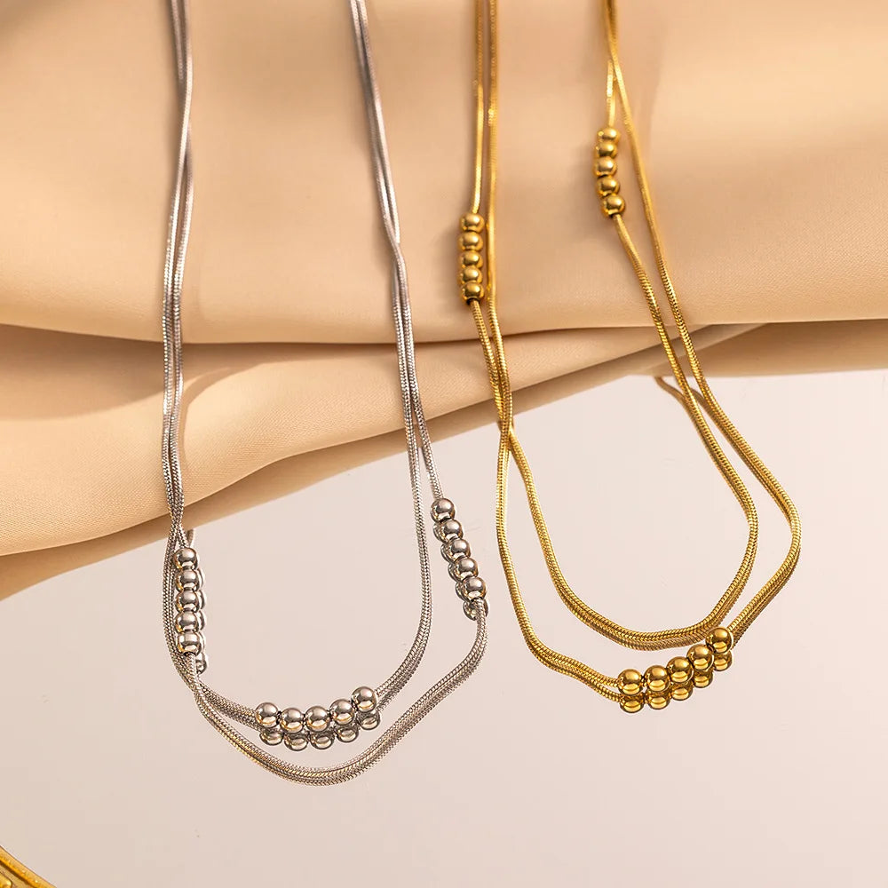 Non Tarnish 18k Gold Plated Necklace Stainless Steel Double Layer Steel Bead Chain Snake Chain Necklace for Women