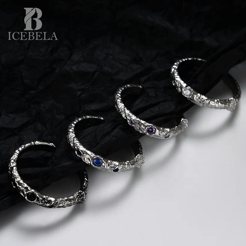 ICEBELA Jewelry Korean Version S925 Sterling Silver Texture Micro-inset Diamond Ring Irregular Open Adjustable Retro Fine Ring