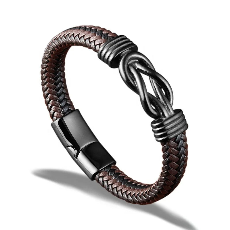 Spot Sale Punk Stainless Steel Knot Bracelet Men's  Woven Brown and Black   Leather Bracelet