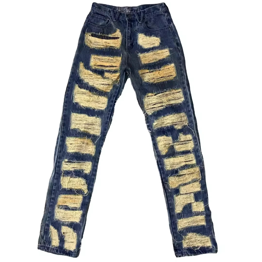 DENIMGUYS Hip Hop American High Street Style Jeans Men's Distressing Y2k Vintage Acid Wash Personality Ripped Jeans