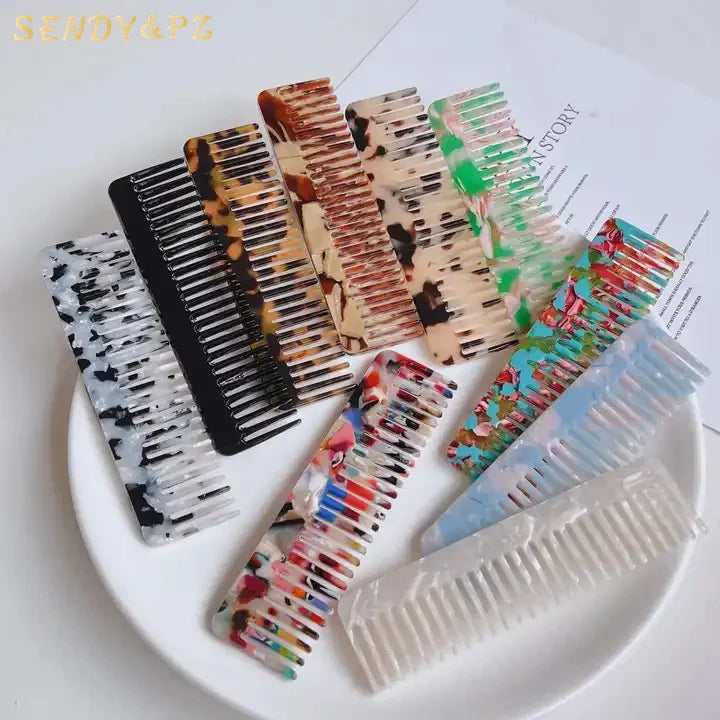 Custom Logo 11*3cm Anti Static Small Acetic Acid Hair Comb Portable Leopard Marble Cushion Wide Tooth Comb Acetate Hair Comb