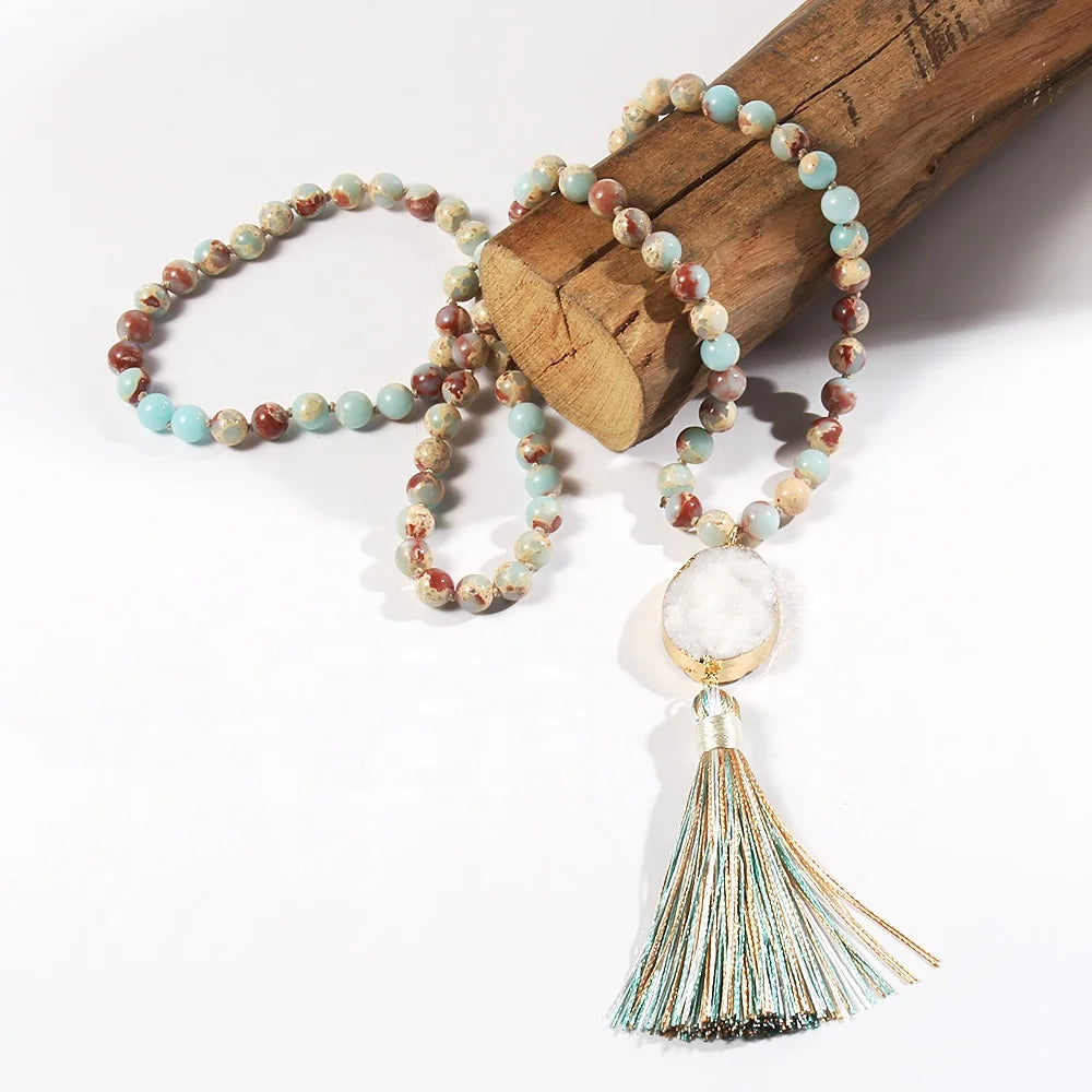New Bohemia 8mm Natural Stone Crystal Glass Knot Necklace Big Druzy Charm Long Tassel Pendant Imperial jasper Necklace