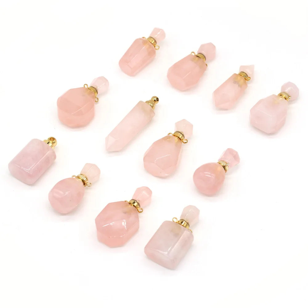 HZ Natural Gemstone Rose Quartz Perfume Bottle Pendant Necklace for Essential Oil Vial Stainless Steel Jewelry