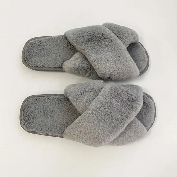 Women's Comfortable Soft Warm Spring House for with Faux Fur Midsole Anti-Slip Cross Strap Design MegaBDM