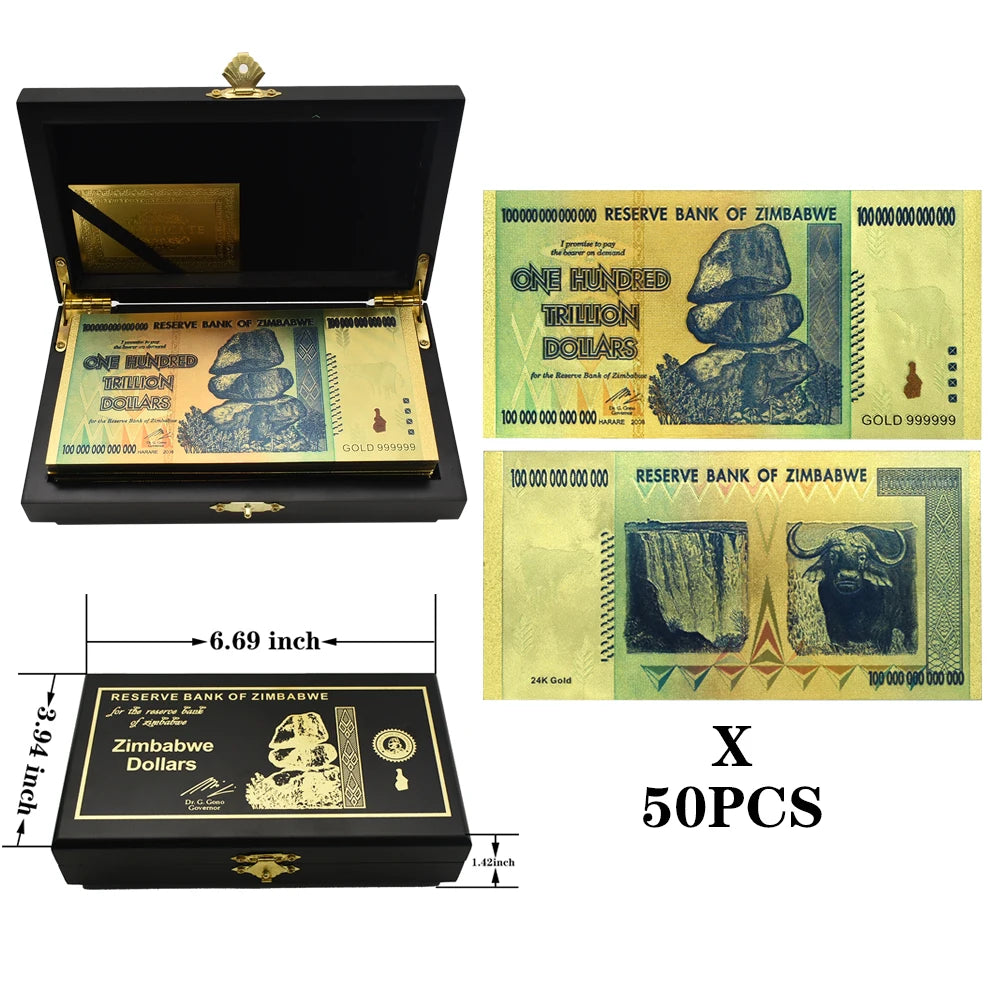 50pcs One Hundred Trillion Dollars Zimbabwe Plastic Gold Plated Banknotes with Wooden Box