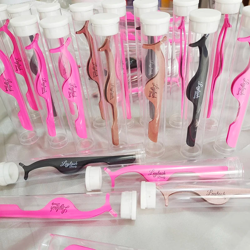 Factory Customized Logo Stainless Steel Eyelash Tweezers Set with Rose Design and Glitter Case
