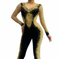 Designer See Through Patchwork Rhinestones Playsuits Sexy Performance Wear Show Dance Stage Costume Club Party Women Jumpsuit