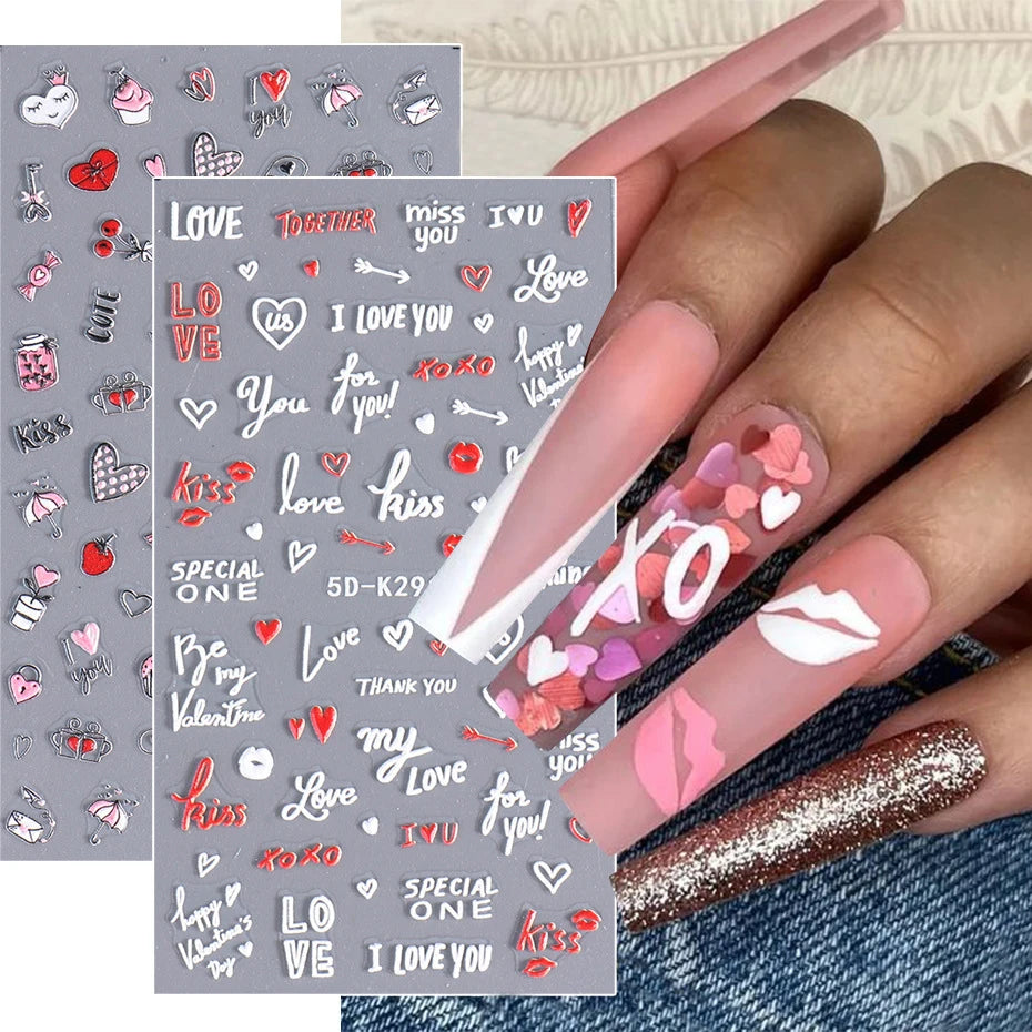 Valentines Nail Decorations Cute Love Heart Nail Charms Sticker 5D Kiss Letter Nail Art Sticker