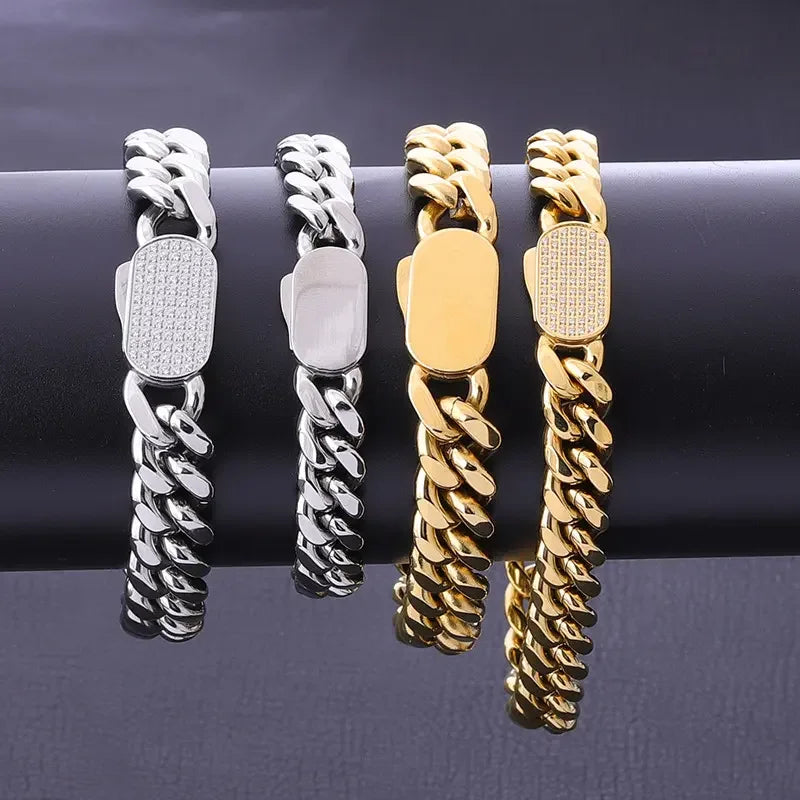 Hip Hop Silver Gold Plated Stainless Steel Miami Cuban Link Chain Bracelet Set Jewelry for Men