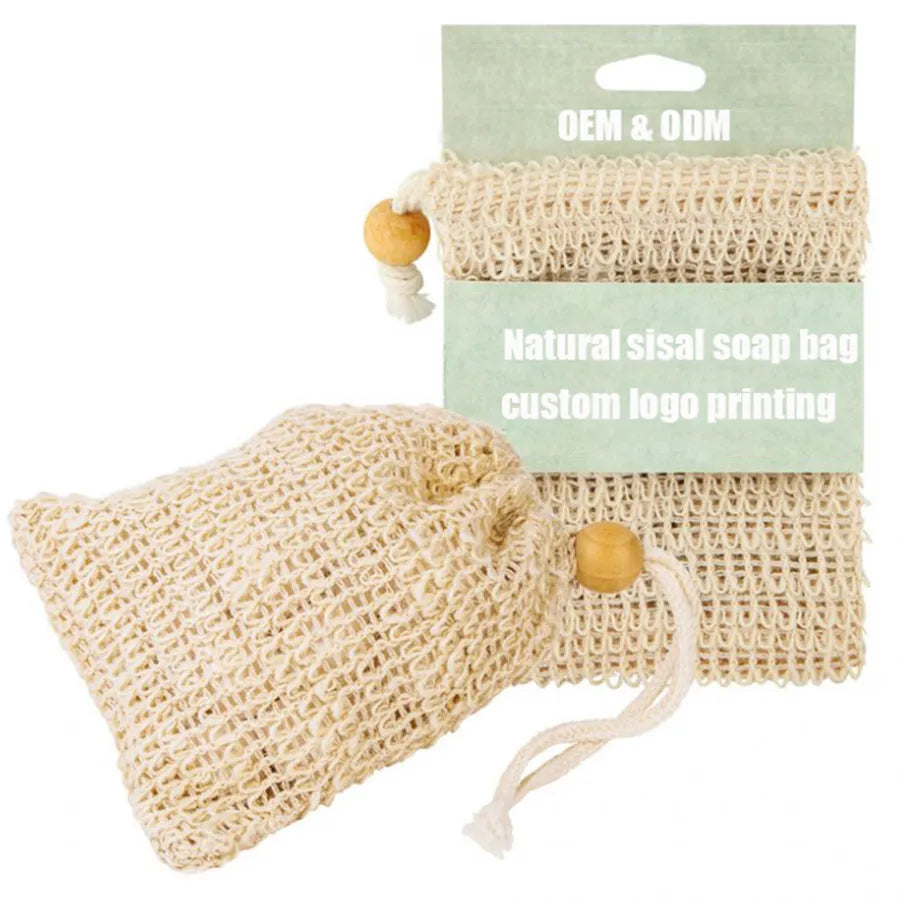 Eco-Friendly Wholesale 100% Eco-friendly Natural Cotton Drawstring Mesh Bag Jute Hemp Bamboo Sisal Bath Soap Saver Exfoliating