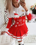 2026 New Design Adult Pleated Paneled Printed Dress Long Sleeve Festival Santa Claus Costume Christmas Dress for Women