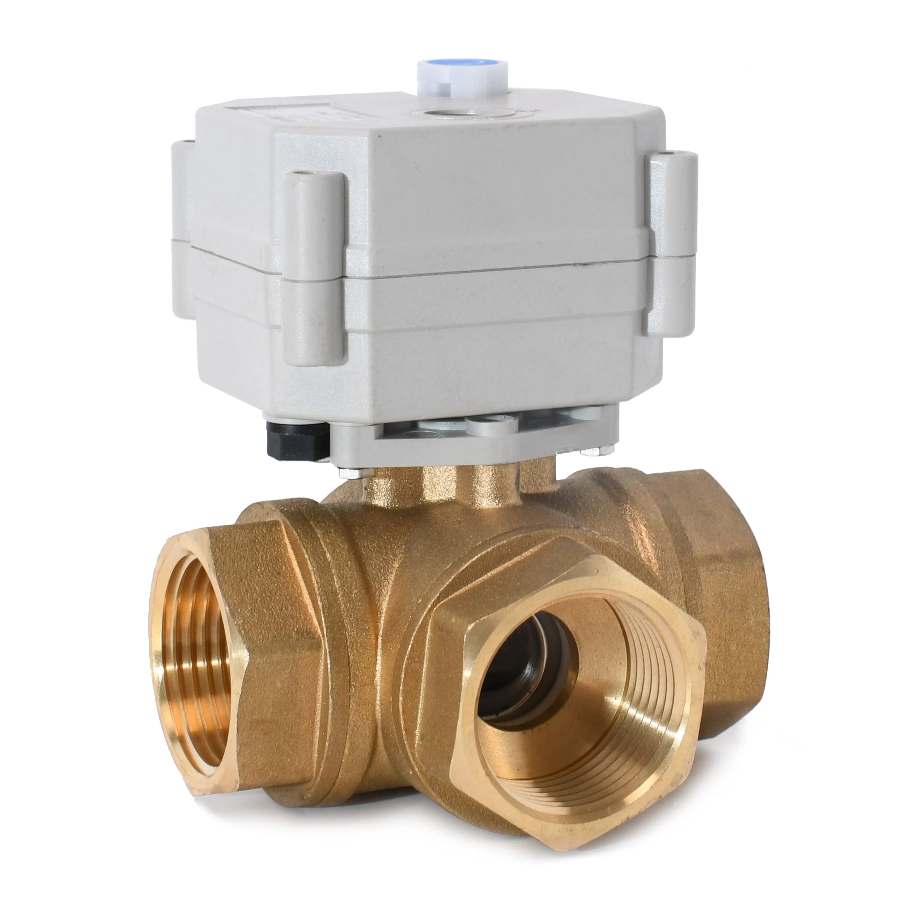 1'' 3-Way Brass Motorized Ball Valve 9-24VAC/DC or 110-230VAC Capacitor Auto Return Failsafe With Manual Override