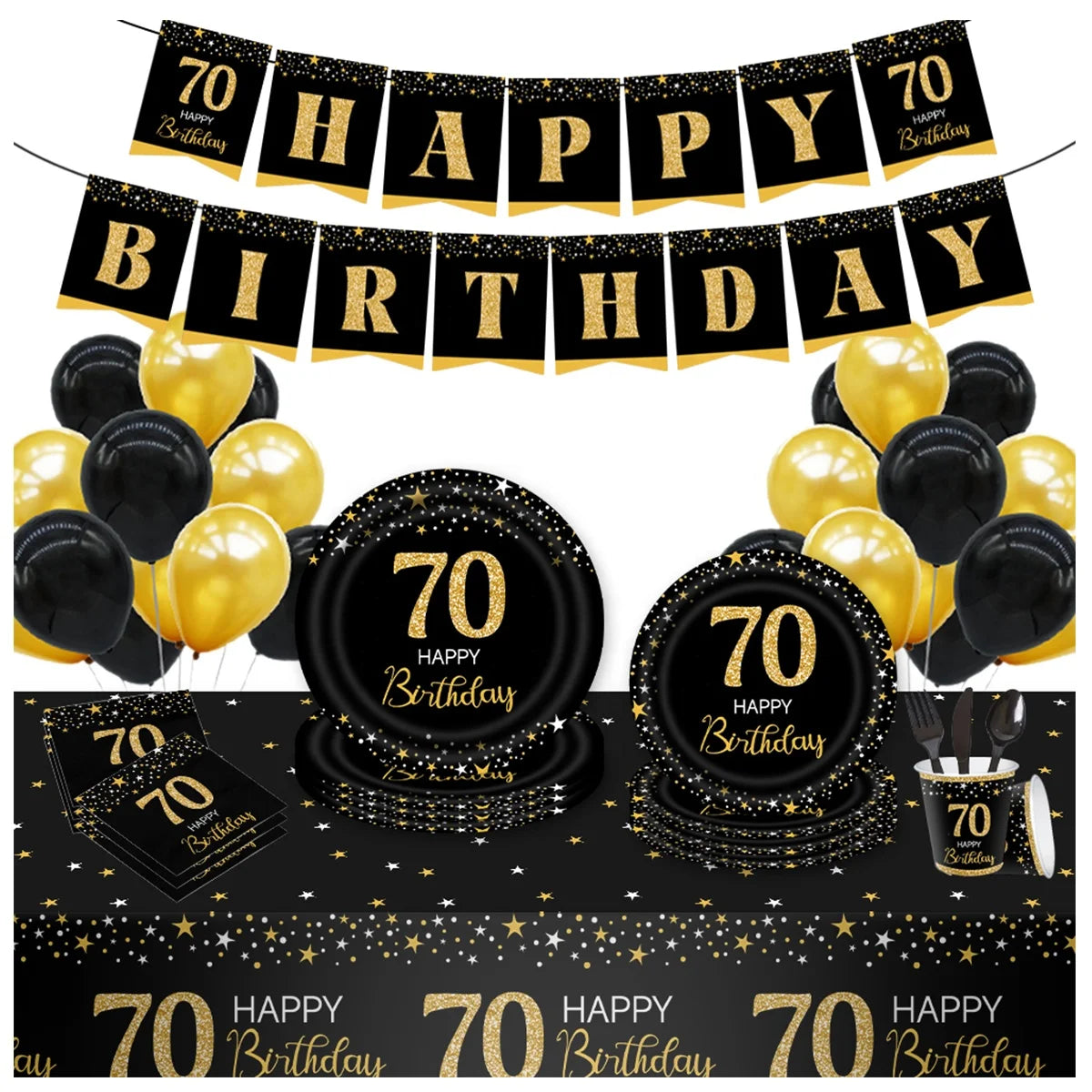 70th Birthday Party Supplies Disposable Tableware Set for Men Black and Gold 70 Birthday Party Decorations