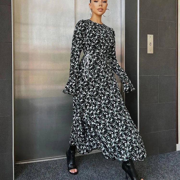 Enyami Spring Collection Feminine Elegant Side Lace up Waist Long Sleeve Midi Ladies Dresses Floral Casual Dresses Women
