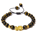 Newest Natural Stone Braided Stainless Steel Buddhism Black Agate Stone Beads Gold Plated Pixiu Charm Macrame Bracelet