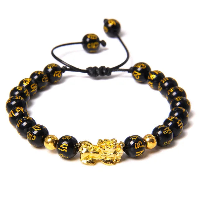 Newest Natural Stone Braided Stainless Steel Buddhism Black Agate Stone Beads Gold Plated Pixiu Charm Macrame Bracelet