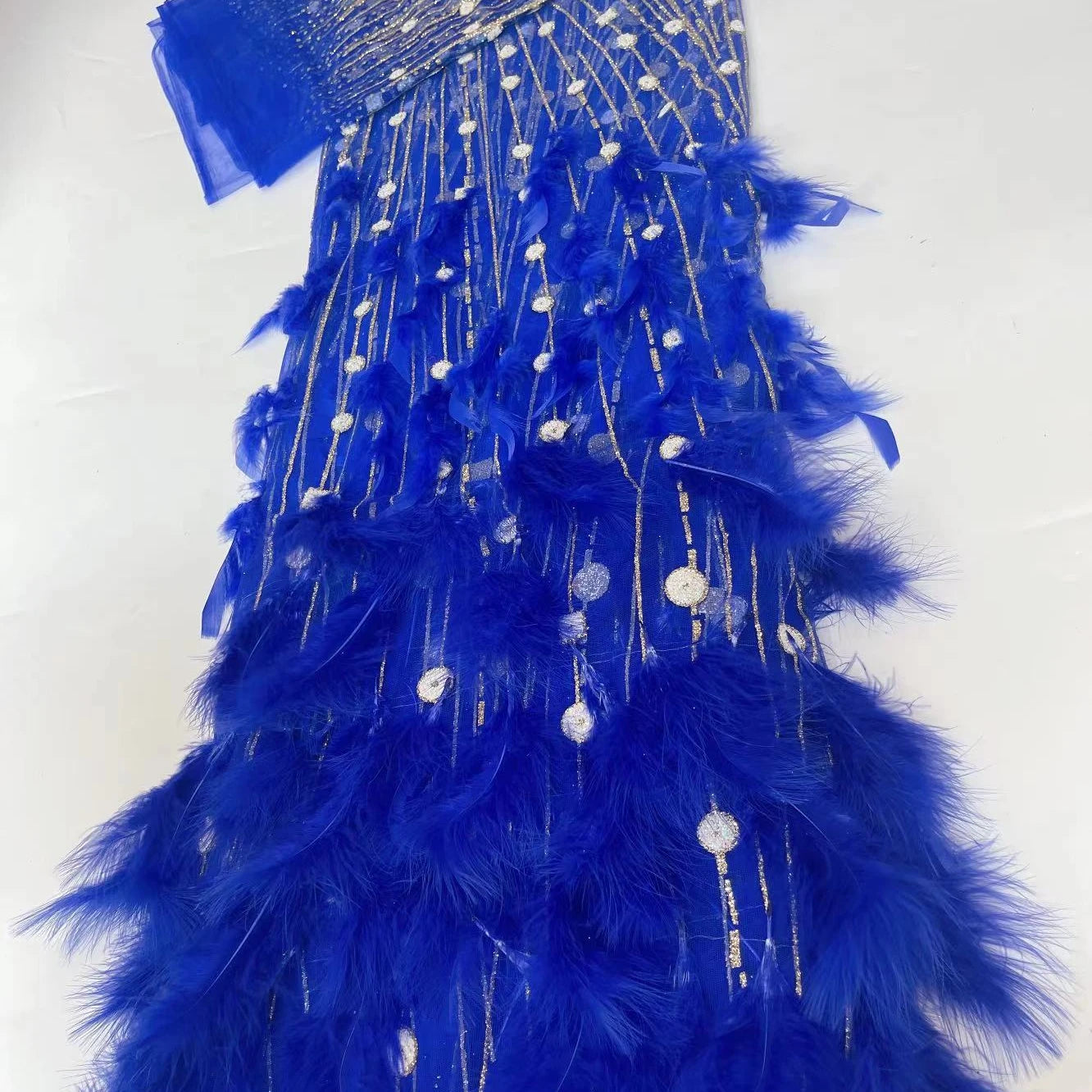 Latest Quality Royal Blue Feathers Fancy Mesh With Feather Wedding Feather Lace Fabric