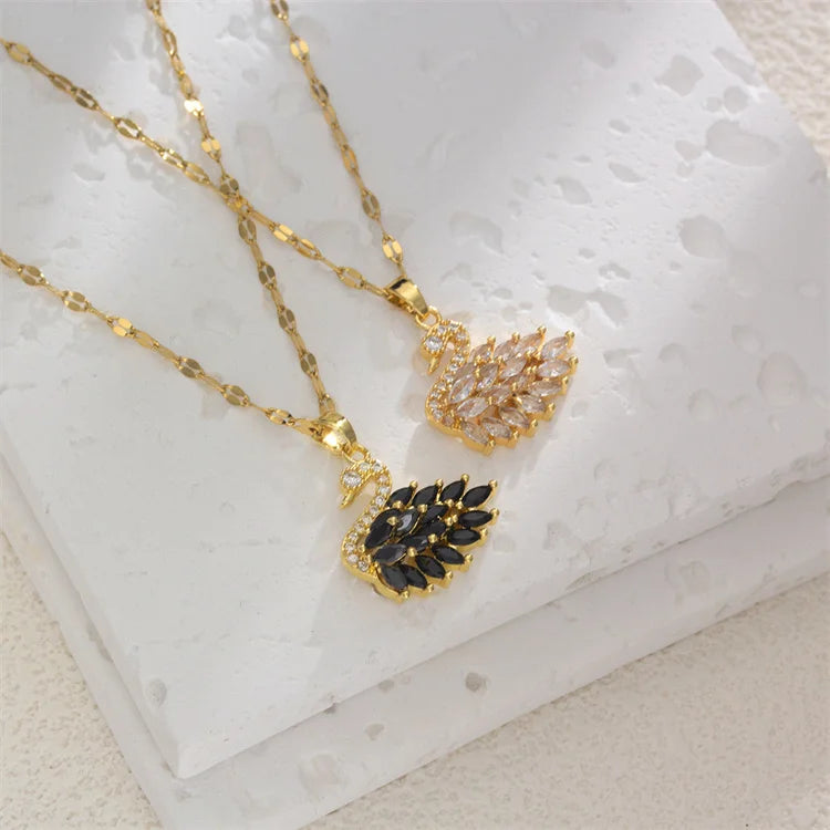 Wholesale No Fade Korean Fashion Jewelry Designer Stainless Steel Women Zircon Crystal Swan Pendant Necklaces