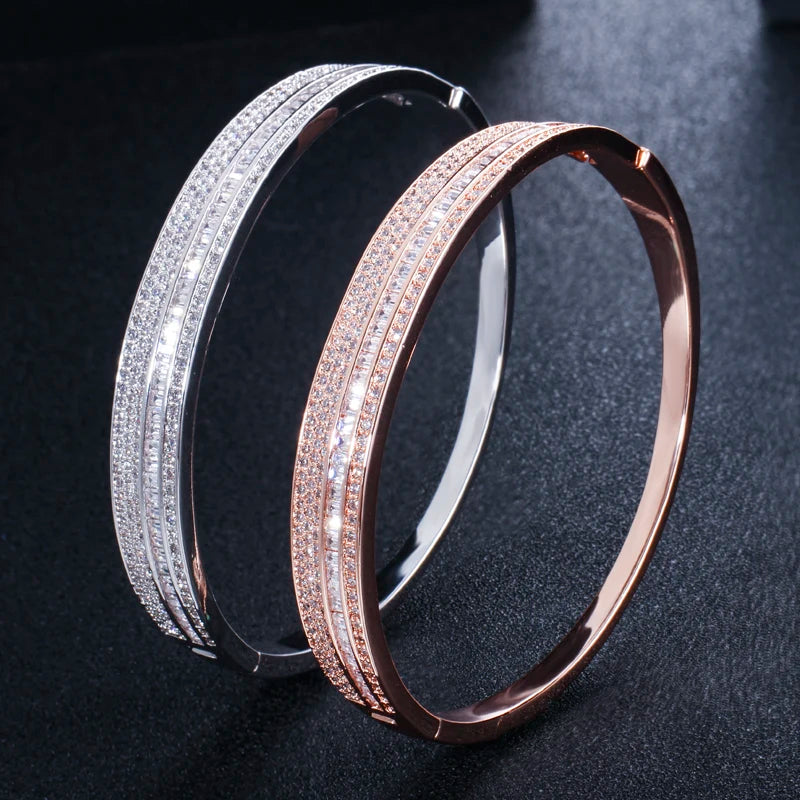 Fashion Famous Brand Sparkling White Cubic Zircon Silver Rose Gold Color Open Cuff Bracelet Bangles for Women CZ Jewelry Gift