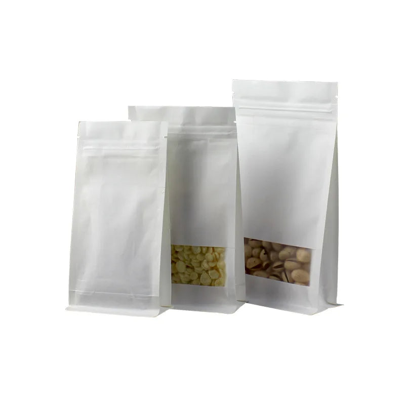 with Window White Kraft Stand up square Bottom Pouch for Food Nuts Coffee with Zipper Manufacturer
