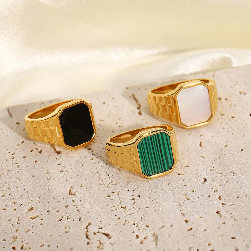 Waterproof Delicate Thick Watch Band Men's Stainless Steel 18K Gold Plated Colorful Rectangle Shell Ring