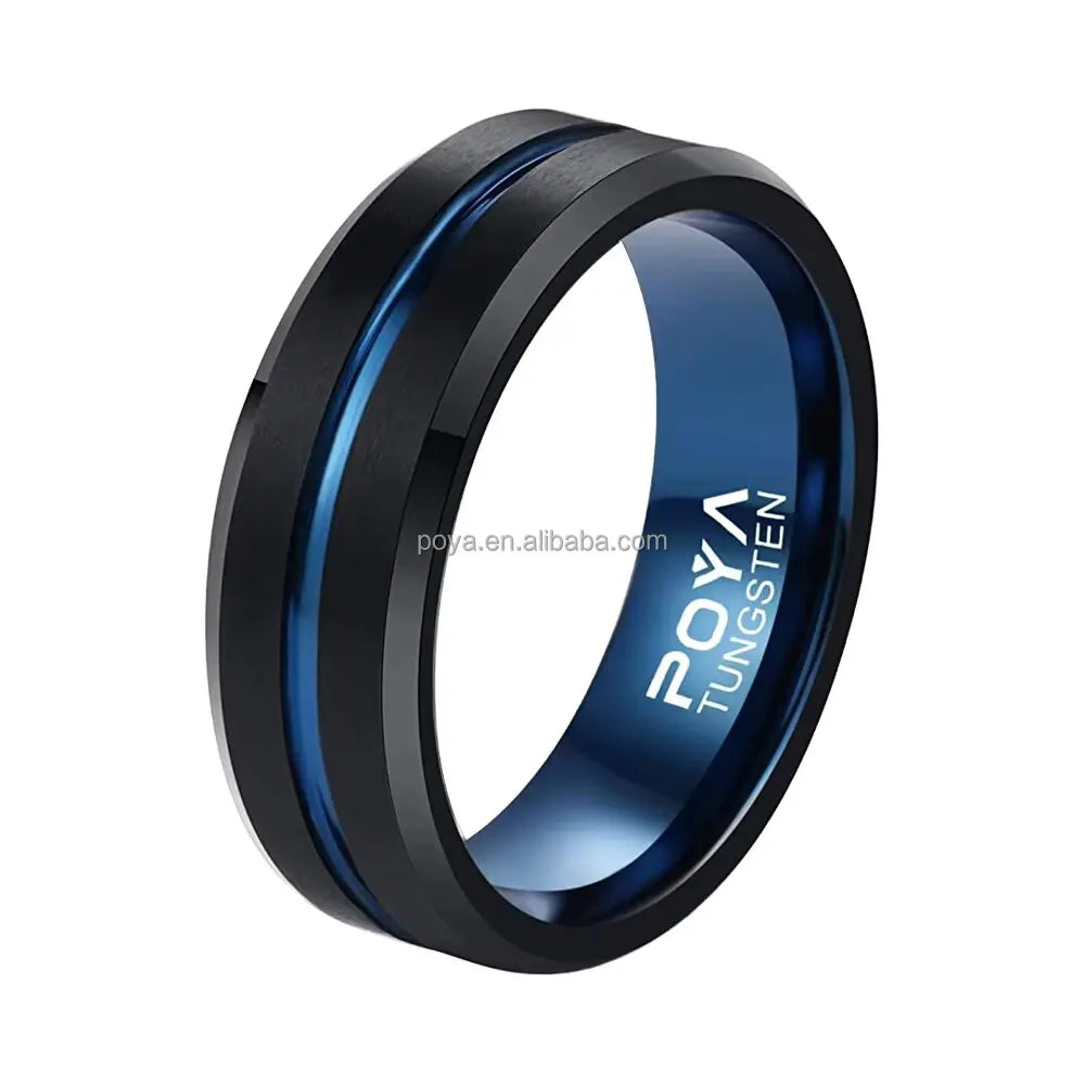 POYA Unisex 8mm Vintage Black Brushed Tungsten Blue Groove Wedding Band Beveled Edges Resizable Ring for Anniversary or Gift