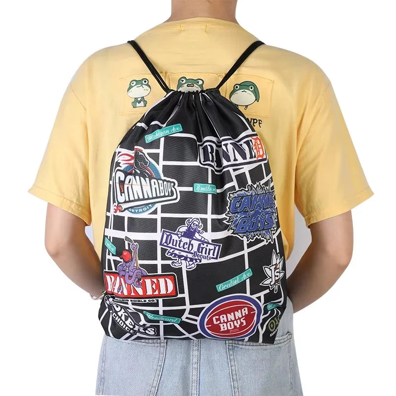 Custom Full Graffiti Digital Print Heavy 600D Polyester Teens Students Cinch Unisex Bag Outdoor Drawstring Gift Backpack