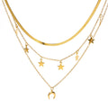 Fashion Chic Women Stainless Steel Multi Layer Three Layers Star Charms Snake Chain Rope Half Moon Pendant Necklace Gold Jewelry