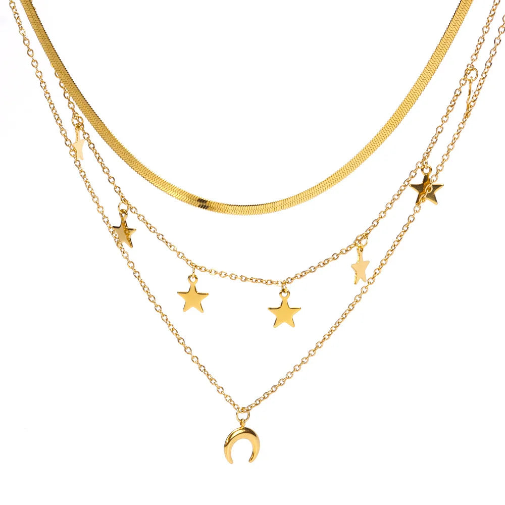Fashion Chic Women Stainless Steel Multi Layer Three Layers Star Charms Snake Chain Rope Half Moon Pendant Necklace Gold Jewelry