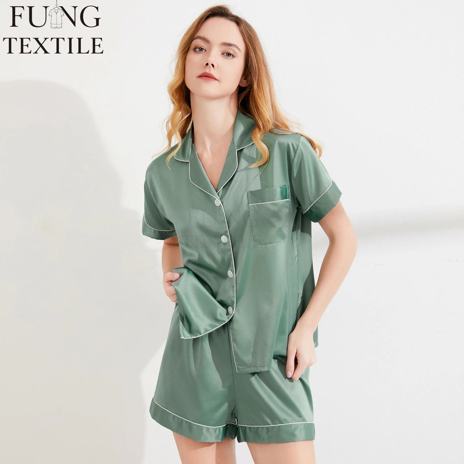 FUNG 3034 Summer Lounge Wear Women Casual Satin Two Piece Short Pajamas Set Home Clothes 2pc Short Sets for Women