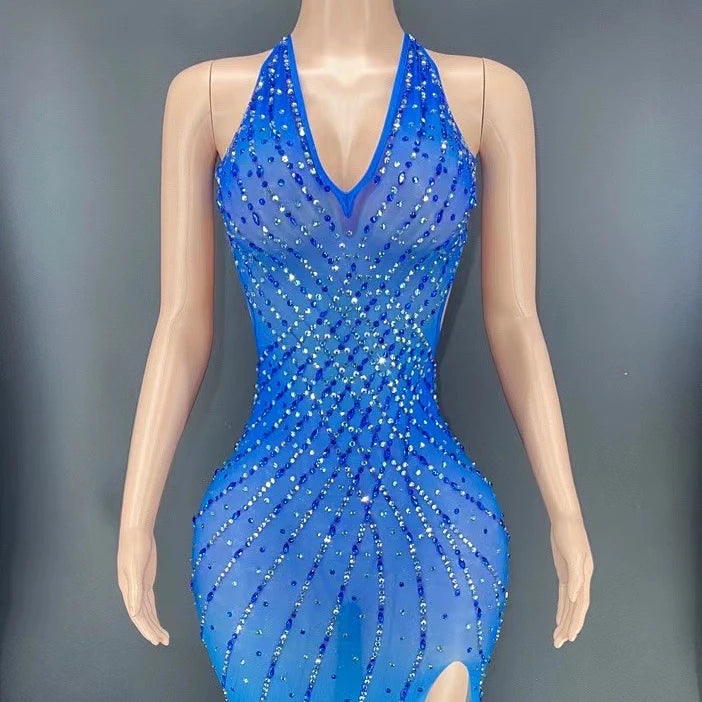 Luxury Stage Costume Party Cloth Sexy Halter Backless Rhinestones Chains Casual Club Mini Dress