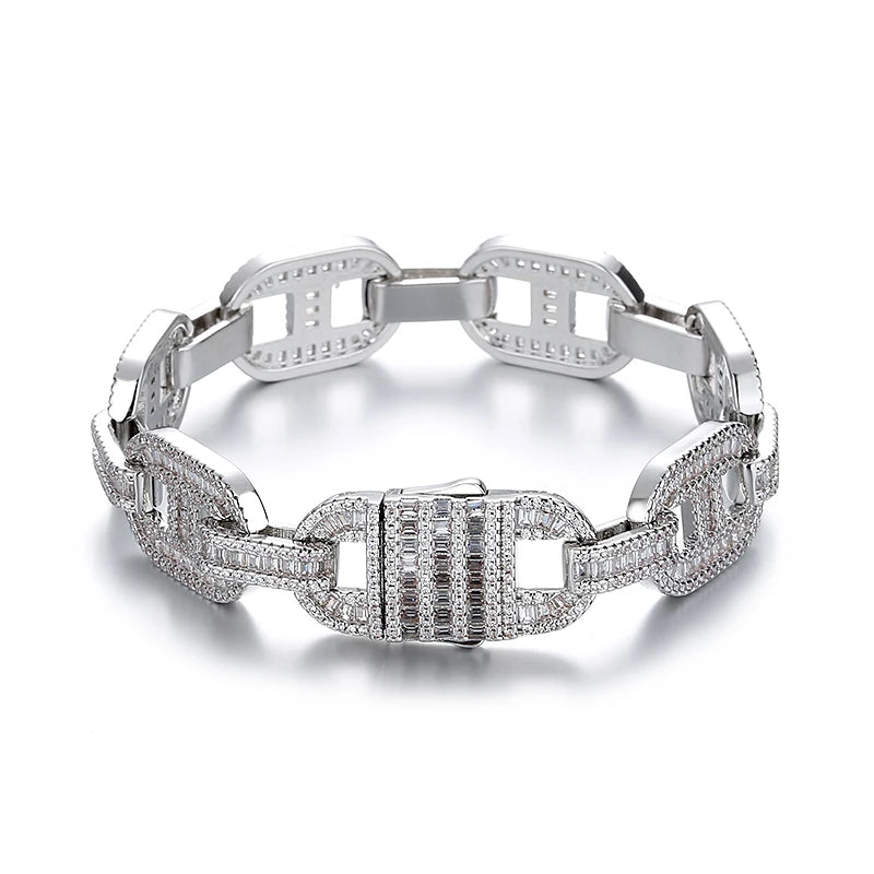 Luxury Men's Hip Hop Silver Plated Brass Zircon Geometric Chain & Link Bracelet 20cm for Wedding & Anniversary
