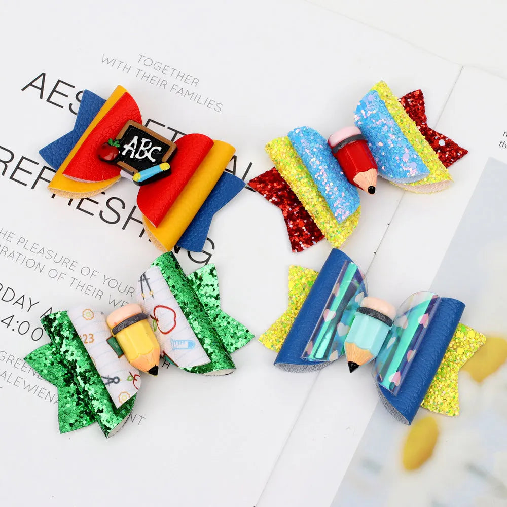 New 3 Inch Hair Bows for Girls Pencil Back to School Glitter Bow Hair Clips