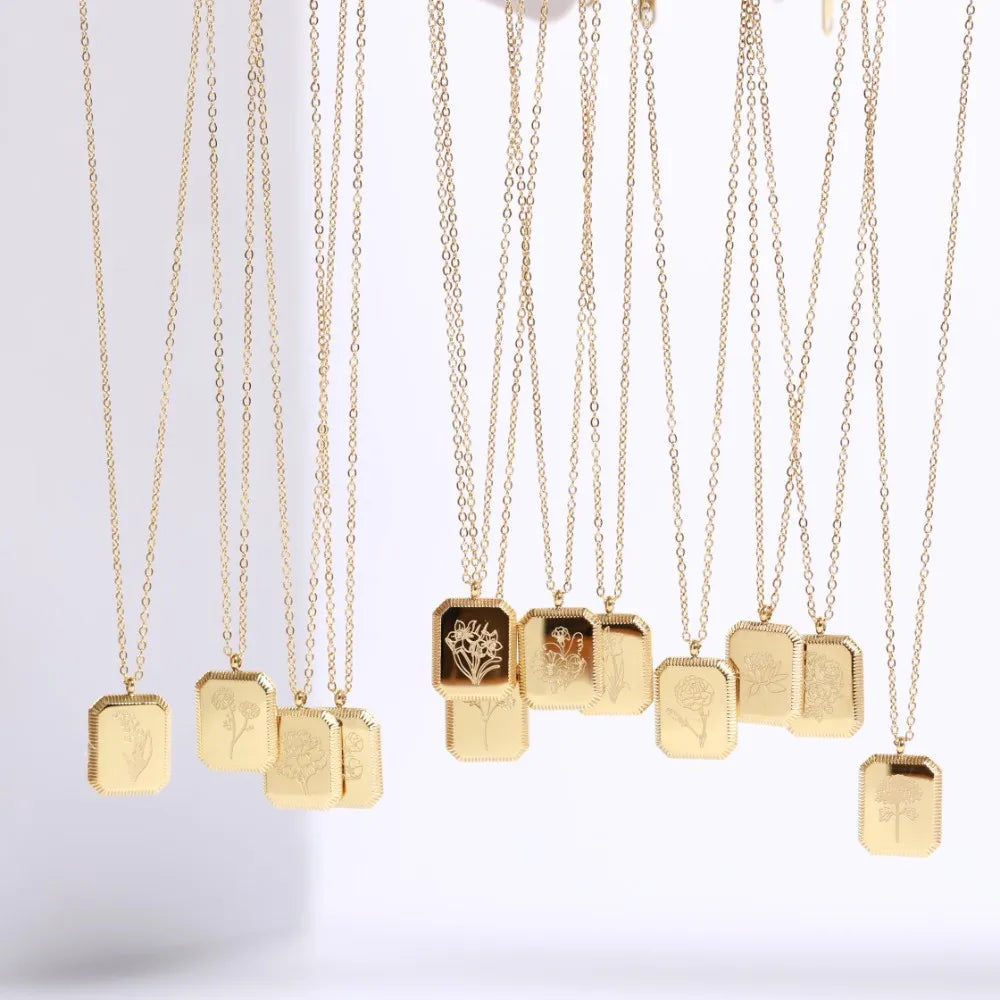 Fashion Stainless Steel 12 Months Flower Jewelry Rectangle Pendant  Engraved  Birthflower Necklace