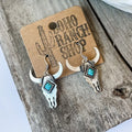 Western Vintage Ethnic Style Textured Turquoise Bull Head Earrings Alloy Jewelry for Women