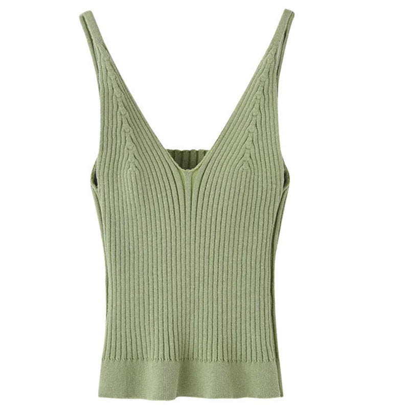 Summer Korean Style High Street Girl Sweater Sleeveless Vest Over Strapless Knit V-neck Pullover Knitted in Plain Trim Short Top