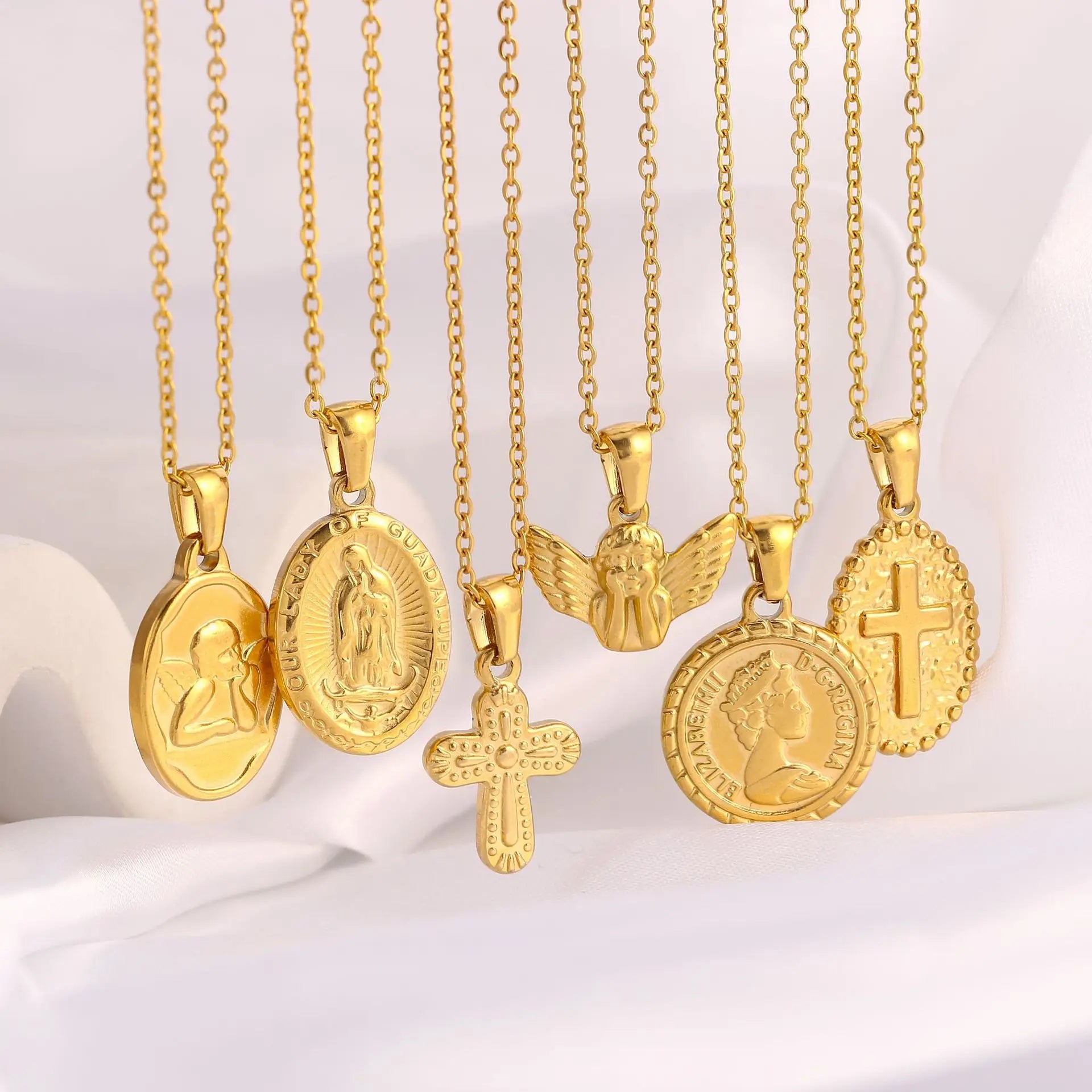 Joyas De Collar De Acero Inoxidable Para Mujeres Stainless Steel 18K Gold Angel Virgin Mary Cross Pendant Link Chain  Necklaces