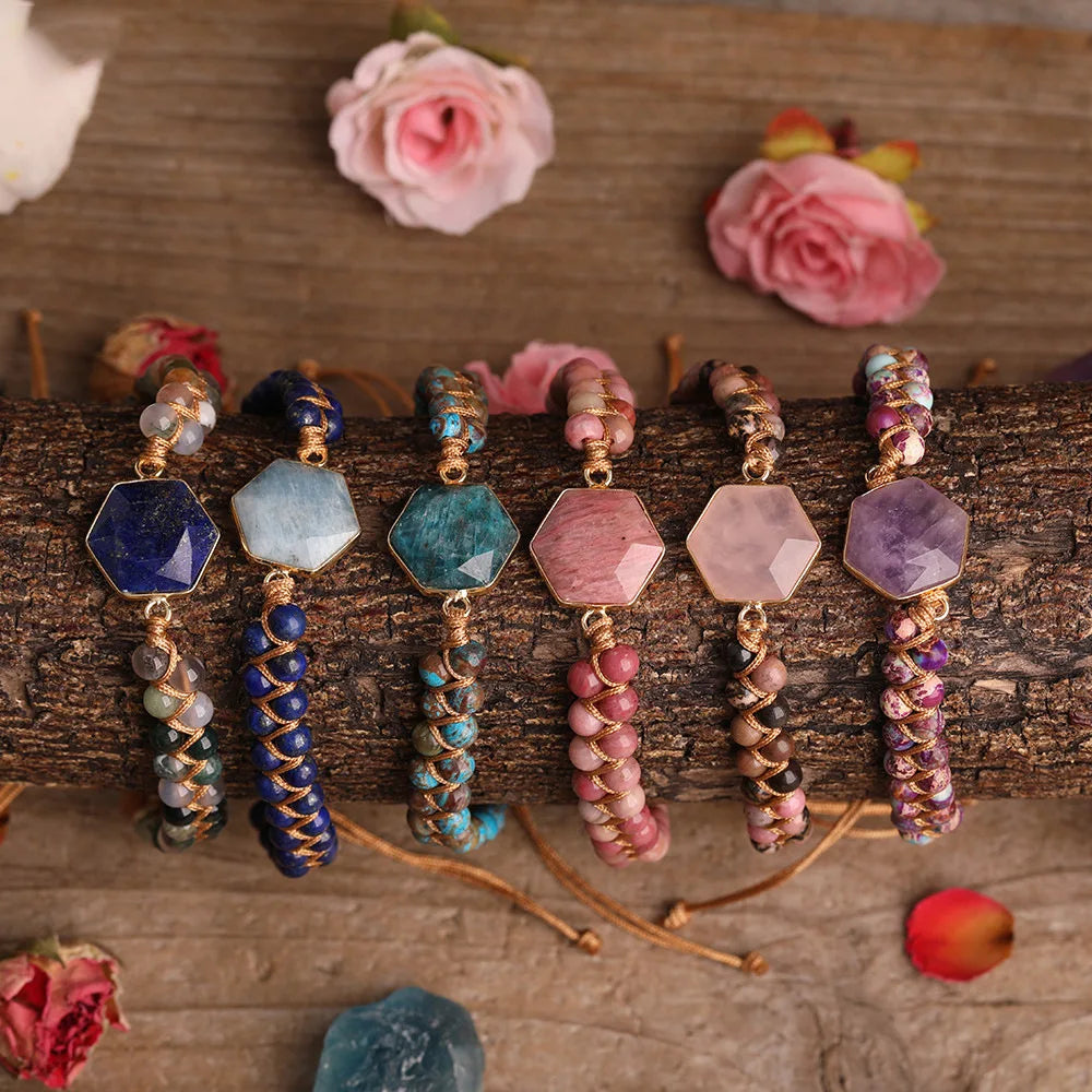 4mm Natural Stone Double Layer Hexagon Shape Woven Handmade Bracelet Macrame With Custom Logo for Women