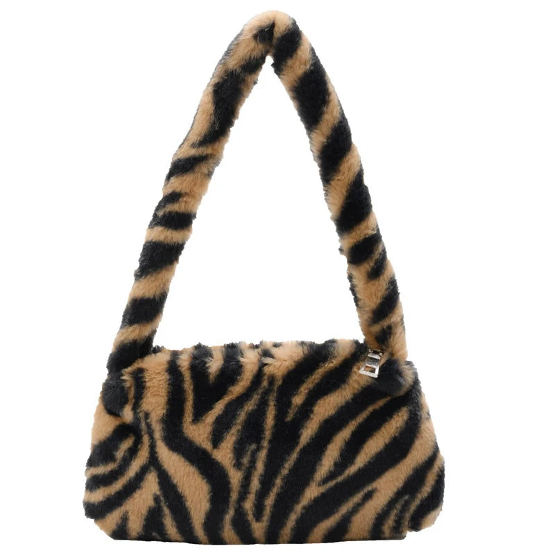 Fashion Women Cow Print Mini Shoulder Bags Female Winter Plush Underarm Bags Leopard Zebra Pattern Fluffy Tote Bags Small Purses