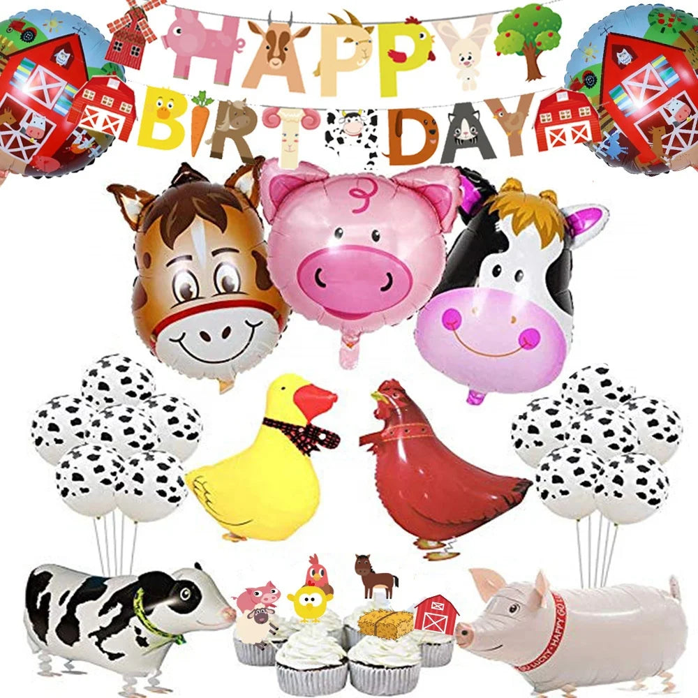 Farm Animals Foil and Cow Print Latex Balloons Eco-Friendly Customized Colors & Sizes Birthday Banner Party Decoration Set