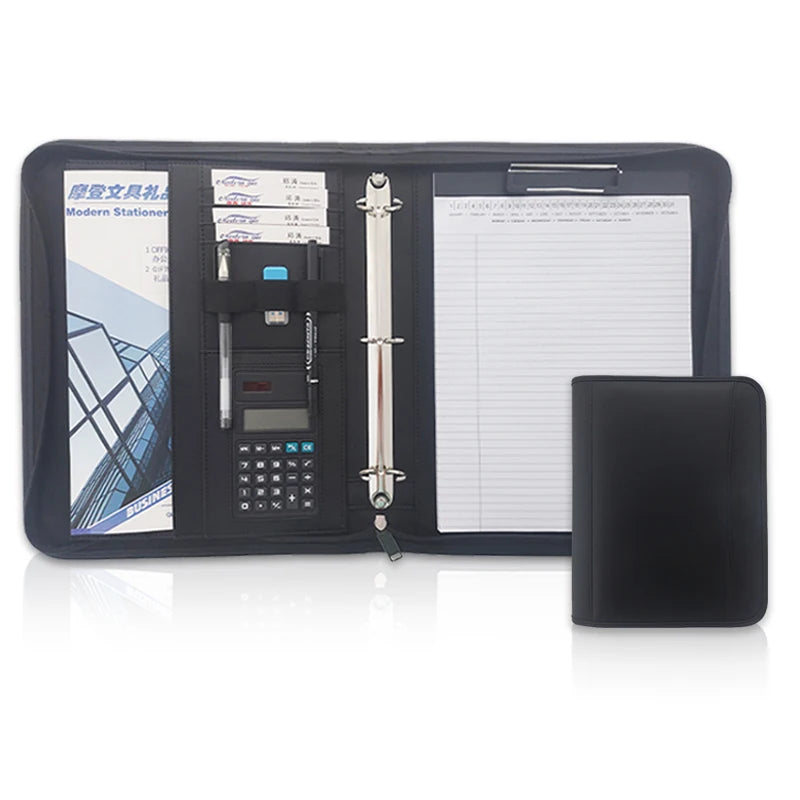 Modernqiu Custom Logo Leather Portfolio With Calculator 3 Ring Binder A4 File Folder Bag Briefcase for Filing Documents