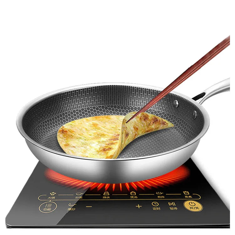 Frying Saute Wok 3 in 1 Fry Pan Honeycomb Pattern 430 Stainless Steel Fry Pan for Multiple Cookersfry